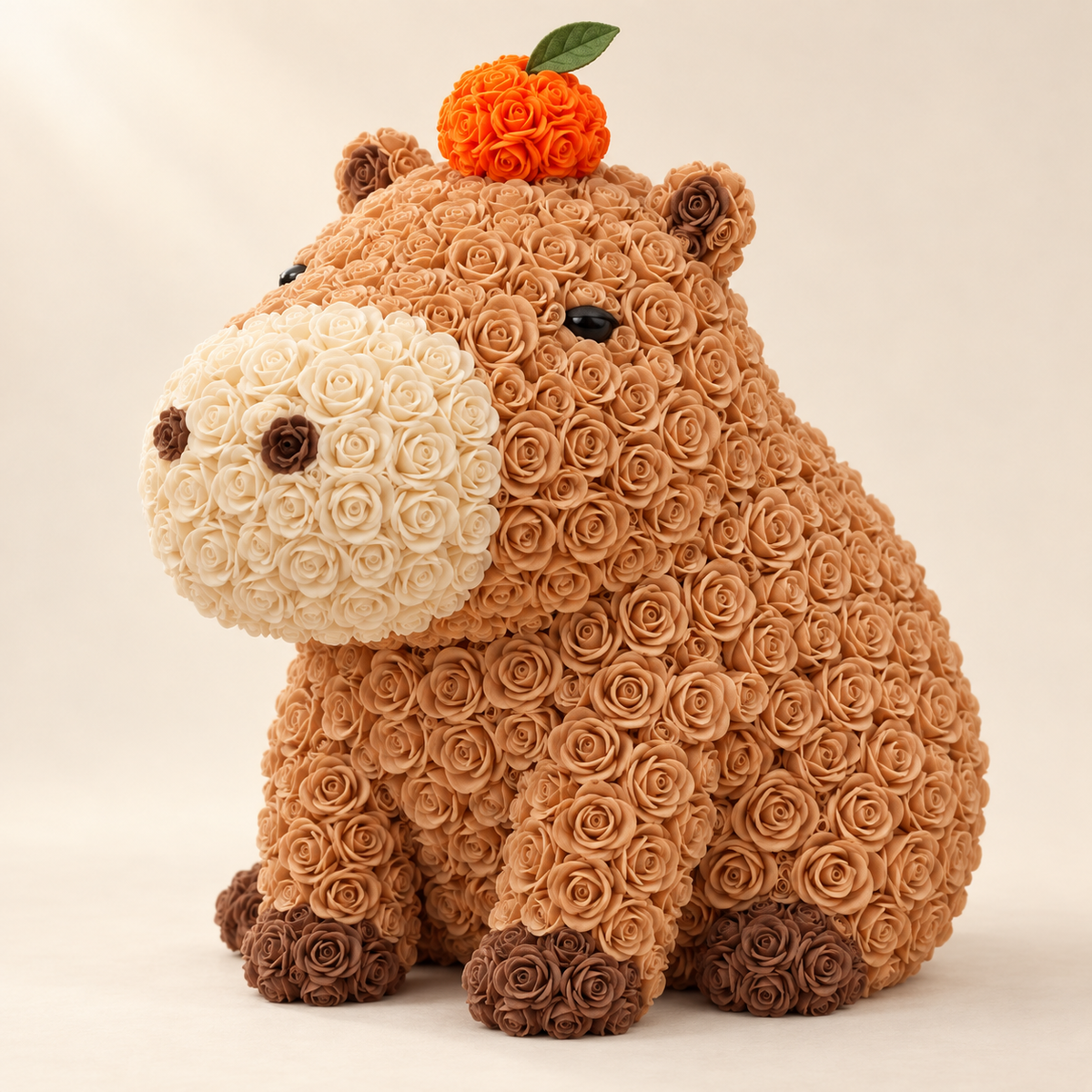 Rosen-Capybara mit Mandarine – Dekofigur in Karamell