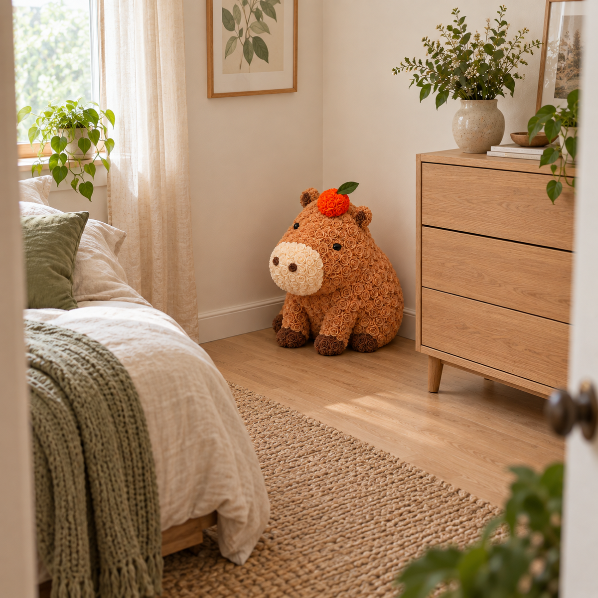 Rosen-Capybara mit Mandarine – Dekofigur in Karamell