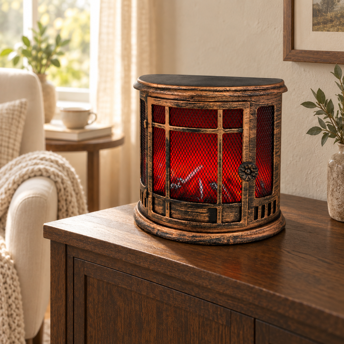 Deko-Kamin mit Feuereffekt im kupferfarbenen Vintage-Look